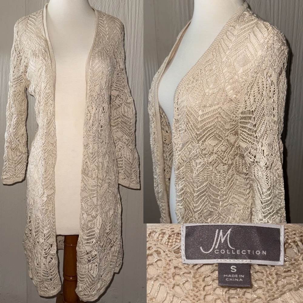 JM Collection Women's Cream Loose Knit Open Front Long Cardigan Size Small